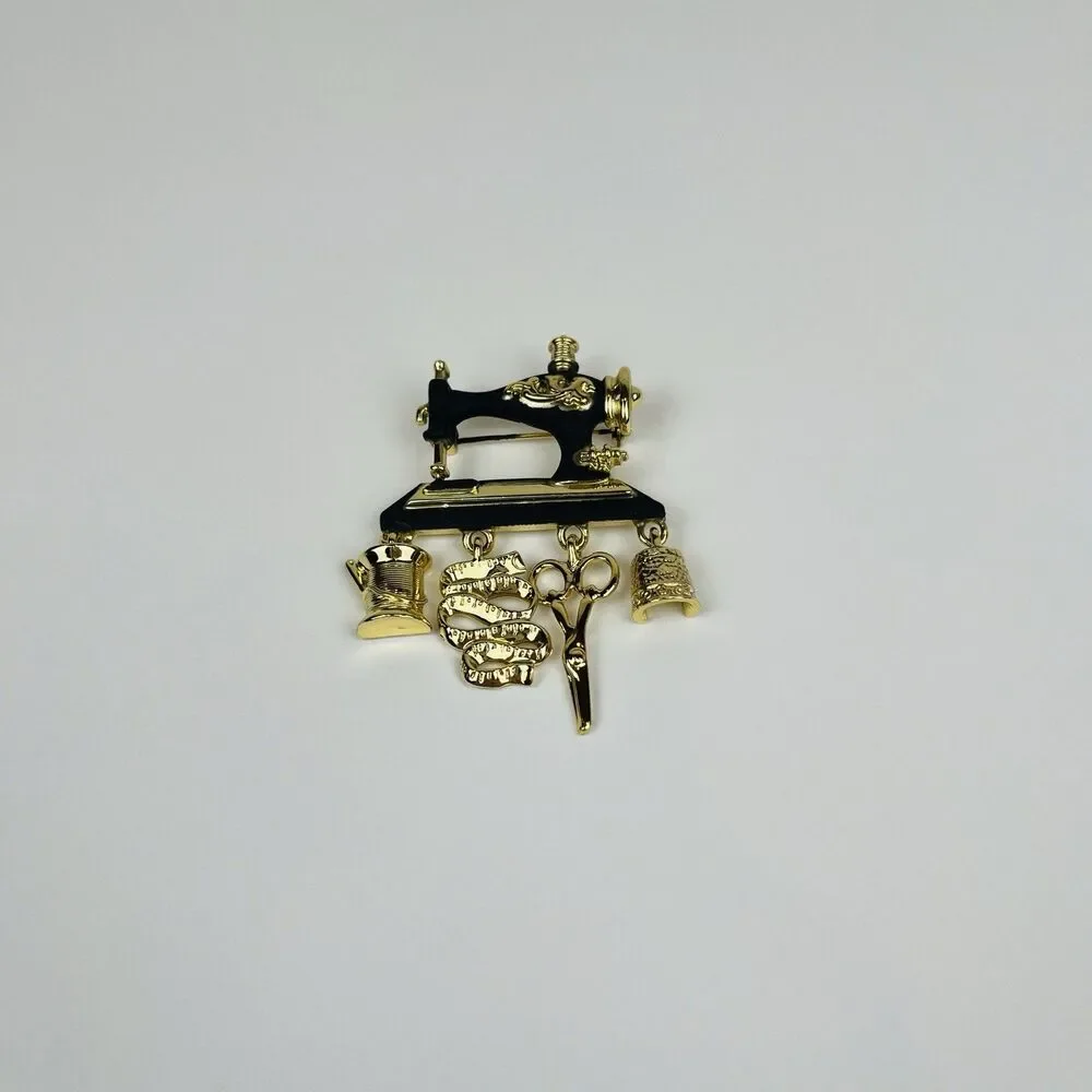 Vintage AJC Sewing Machine Brooch Pin Gold Tone Dangle Charms Scissors Thimble
